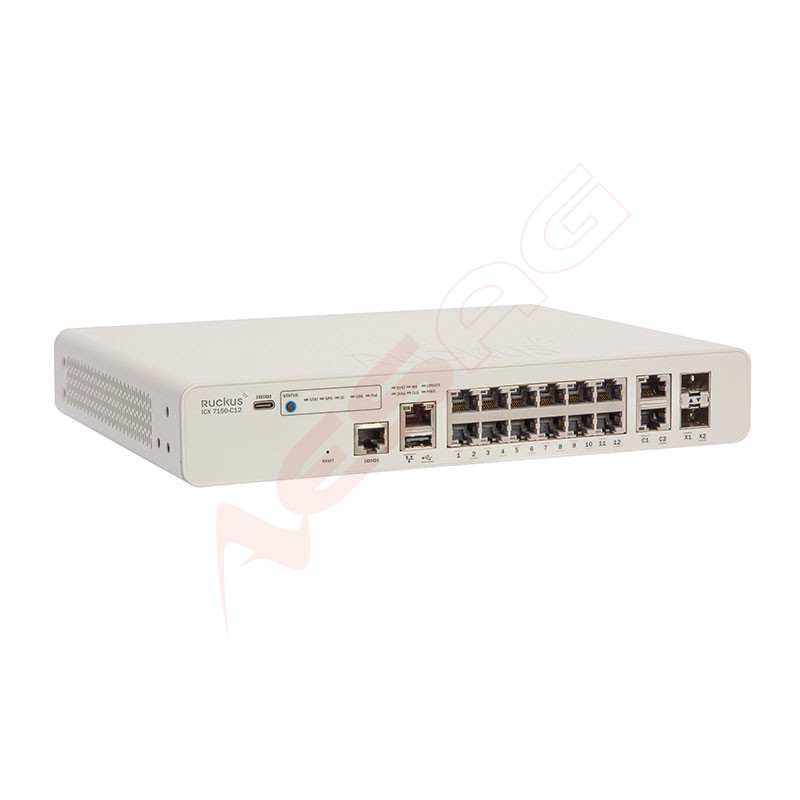 CommScope RUCKUS Networks ICX7150 Compact Switch 12 Port PoE+ 124 Watt, 2x 1G RJ45 uplink-ports, 2x 1G SFP Ruckus Networks - Art