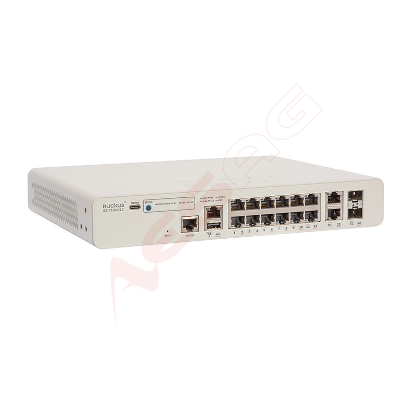 CommScope RUCKUS Networks ICX 7150 Compact Switch 12x 10/100/1000 PoE+ ports, 2x 1G RJ45 uplink-ports, 2x 10G SFP, 124W PoE Ruck