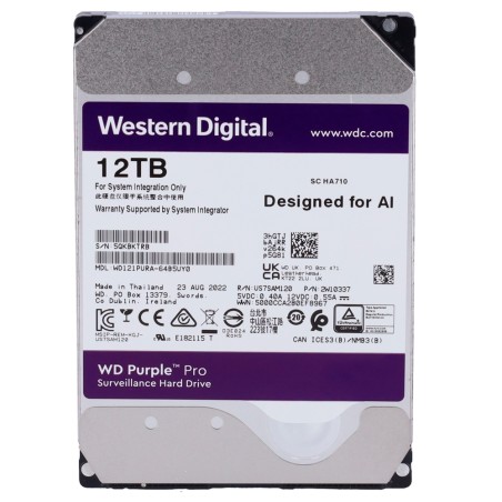 Western Digital Hard Drive - Capacity 12 TB - SATA 6 GB/s Interface - Model WD121PURZ-64B5UY0 - Specifically for Video Recorders