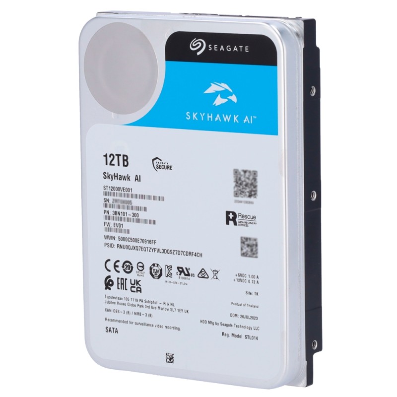 Seagate Skyhawk AI hard drive - 12 TB capacity - SATA 6 GB/s interface - Up to 32 artificial intelligence transfers