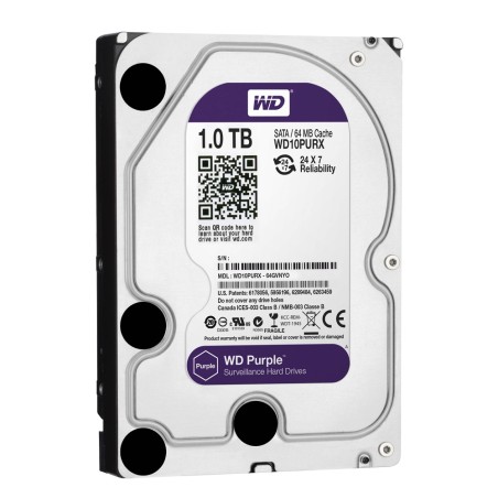 Hard drive - Capacity 1 TB - SATA interface 6 GB/s - Model WD10PURX - Specially for video recorders - Loose or in DVR installed