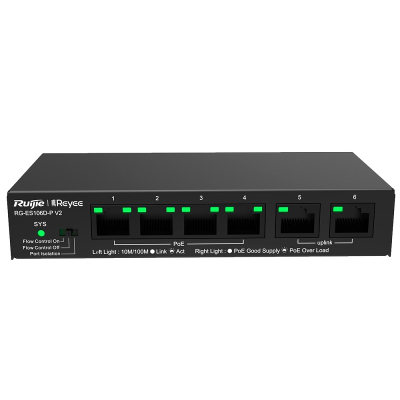 Reyee PoE Desktop Switch - Metal Housing - 6 Ports RJ45 10/100 Mbps - 4 PoE+ Ports 802.3af/at + 2 Uplink Ports