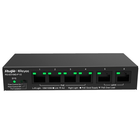 Reyee PoE Desktop Switch - Metal Housing - 6 Ports RJ45 10/100 Mbps - 4 PoE+ Ports 802.3af/at + 2 Uplink Ports