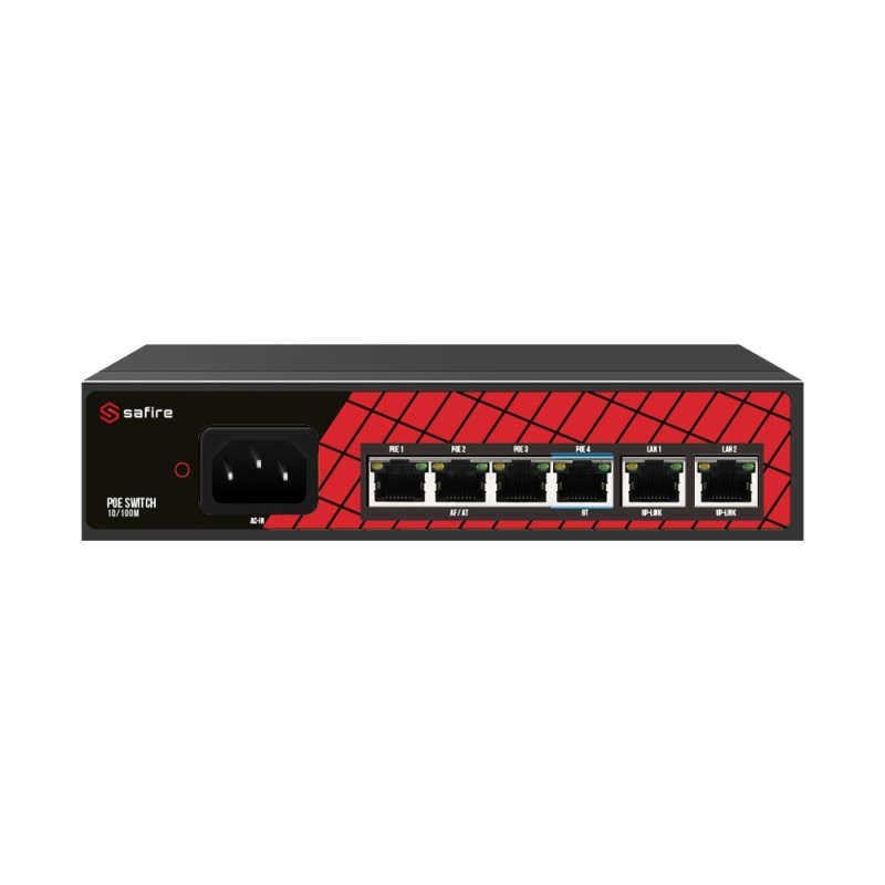Safire Switch Hi-PoE - 4 PoE + ports 2 uplink RJ45 - ports speed 10/100Mbps - 3 PoE+ ports 30W + 1 Hi-PoE-An - SF-SW0604HIPOE