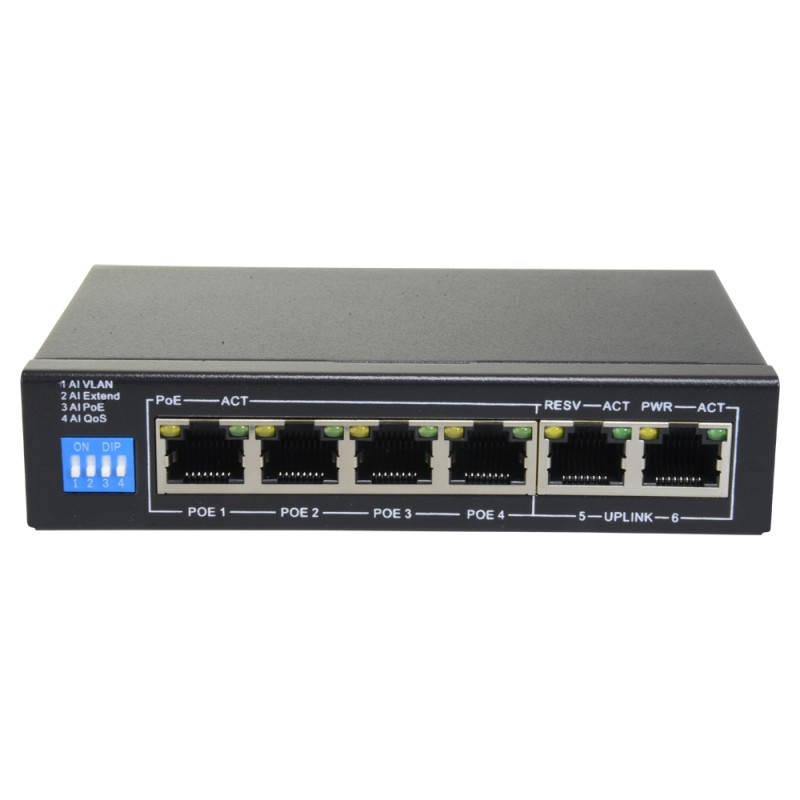 Switch PoE - 4 PoE + ports 2 uplink RJ45 - Speed up to 100 Mbps on all ports - Total up to 60W for all ports - SF-SW0604POE-6