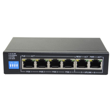 Switch PoE - 4 PoE + ports 2 uplink RJ45 - Speed up to 100 Mbps on all ports - Total up to 60W for all ports - SF-SW0604POE-6