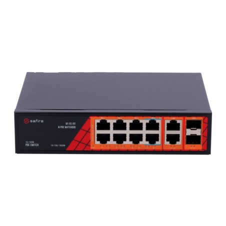Safire Switch Hi-PoE - 8 PoE-Anschlüsse + 2 SFP + 2 RJ45 - Geschwindigkeit der Gigabit-Anschlüsse 10/100/1000Mbps - 6 PoE+-Po