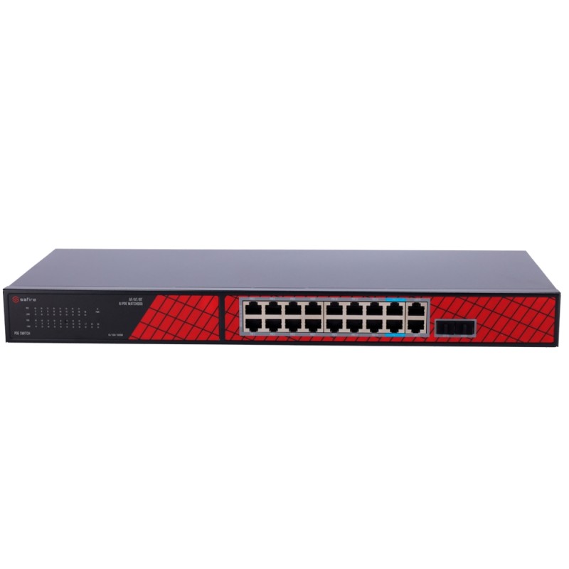 Safire Switch Hi-PoE - 16 PoE-Anschlüsse + 2 SFP + 2 RJ45 - Geschwindigkeit der Gigabit-Anschlüsse 10/100/1000Mbps - 14 PoE+-