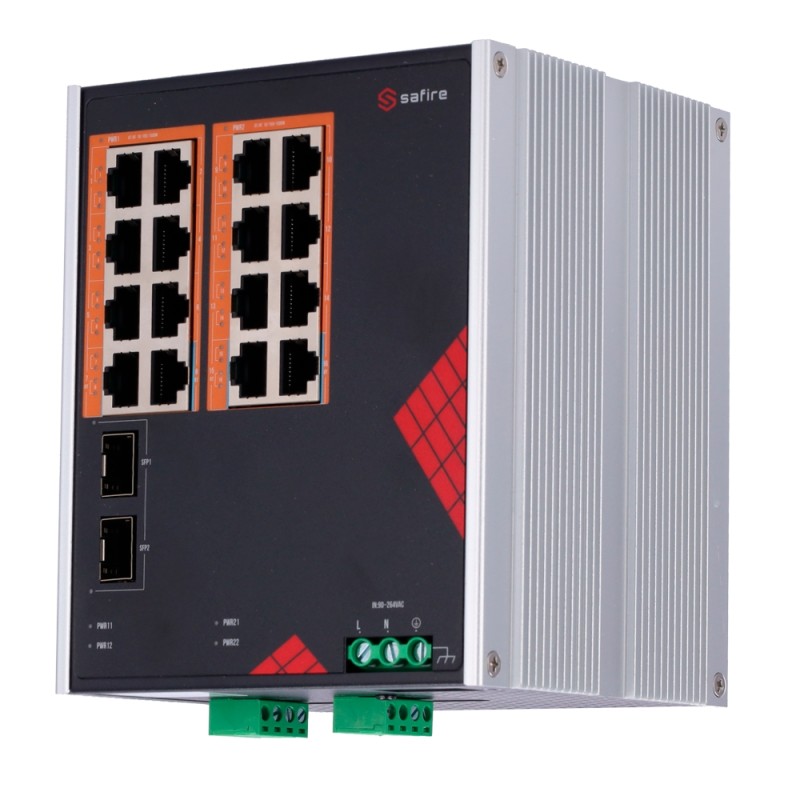 Safire Switch Industrieller AC-Stromversorgung 90~264V - 16 Gigabit-Anschlüsse + 2 Gigabit SFP - 12 PoE+-Ports 30W + 4 Hi-PoE