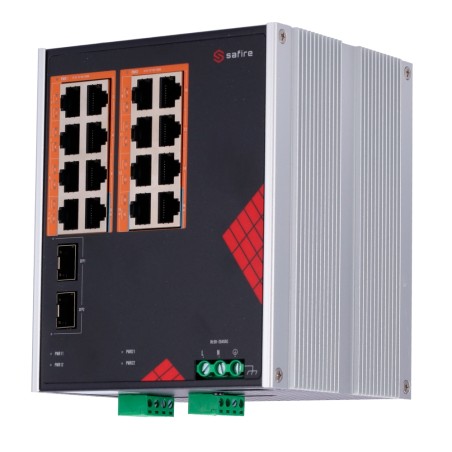 Safire Switch Industrieller AC-Stromversorgung 90~264V - 16 Gigabit-Anschlüsse + 2 Gigabit SFP - 12 PoE+-Ports 30W + 4 Hi-PoE