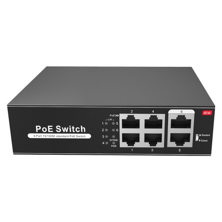 Switch PoE - 4 PoE + ports 2 uplink RJ45 - Speed up to 100 Mbps on all ports - Total up to 60W for all ports - SW0604POE-65-E