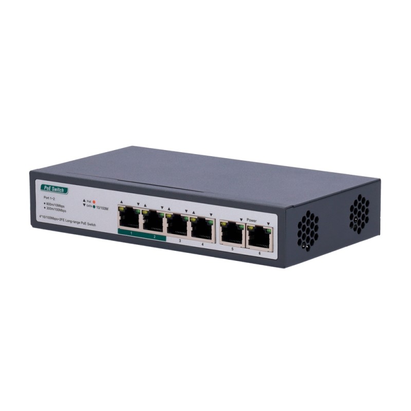 Switch PoE - 4 PoE+ ports FE + 2 GE Uplink - Speed 4 x10/100Mbps + 2 x10/100/1000Mbps - 2 PoE ports for b