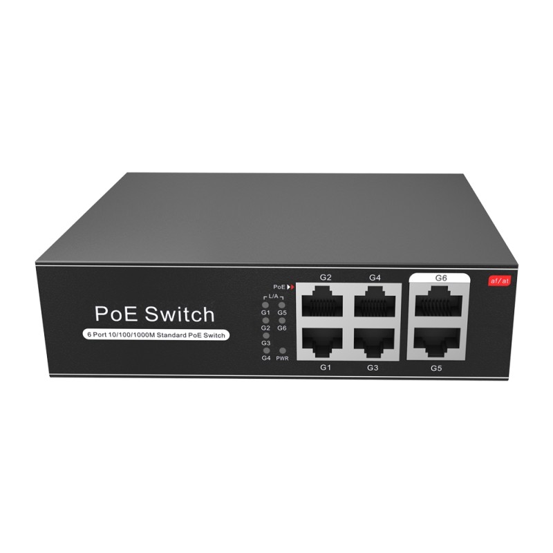 Switch PoE - 4 PoE + Ports 2 Uplink RJ45 - Geschwindigkeit bis zu 1000 Mbps auf allen Ports - Insgesamt bis zu 60W für alle P