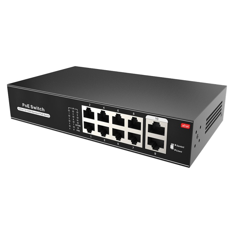 Switch PoE - 8 PoE + ports 2 uplink RJ45 - speed 10/100 Mbps - functions: Ai VLan/QOS/CCTV Extend/PoE - standard IEEE802. - S