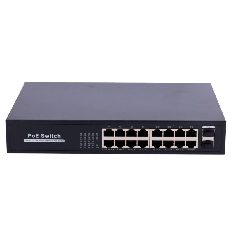 Switch PoE - 16 RJ45 ports + 2 SFP Uplink - 16x 10/100/1000Mbps + 2x 10/100/1000Mbps - 16 PoE ports 802.3af/at up to 30 - SW1
