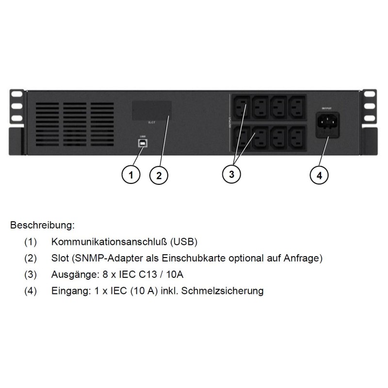 Effekta Line-Interaktive-USV, 600VA,19"/2HE, 12min bei cos phi 0,7, USB, Serie OFFICE - 213626 - 1