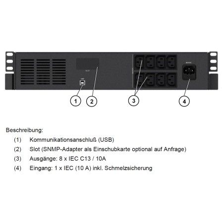 Effekta Line-Interaktive-USV, 600VA,19"/2HE, 12min bei cos phi 0,7, USB, Serie OFFICE - 213626 - 1