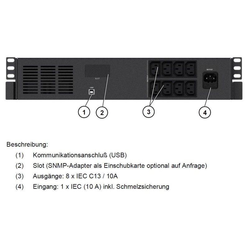 Effekta Line-Interaktive-USV,1000VA,19"/2HE, 25min bei cos phi 0,7, USB, Serie OFFICE - 213627 - 1