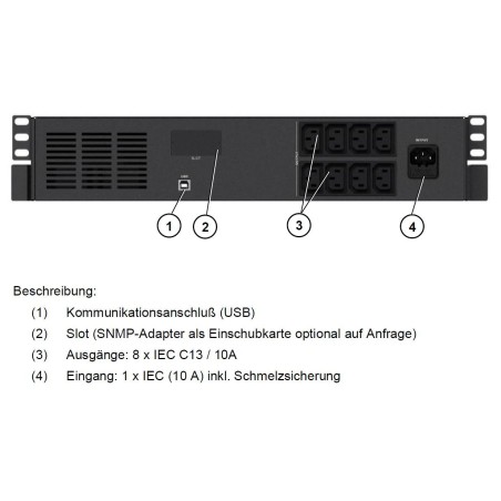 Effekta Line-Interaktive-USV,1000VA,19"/2HE, 25min bei cos phi 0,7, USB, Serie OFFICE - 213627 - 1