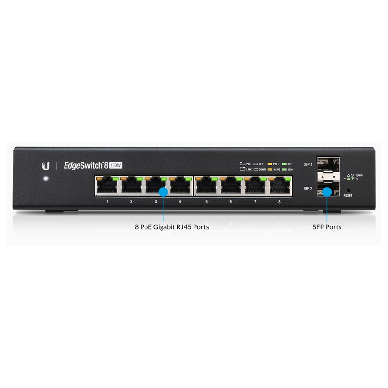 Ubiquiti EdgeSwitch 8 / 8 Gigabit RJ45 Ports / 2 SFP Ports / 150W / ES-8-150W - 133248 - 1