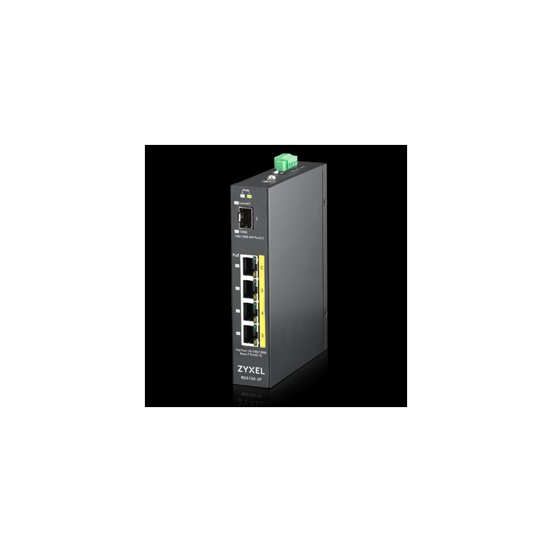 Zyxel Switch unmanaged Layer2 5 Port &bull 4x 1 GbE &bull PoE Budget 120 Watt &bull 4x PoE at &bull 1x SFP &bull Industrial &bul