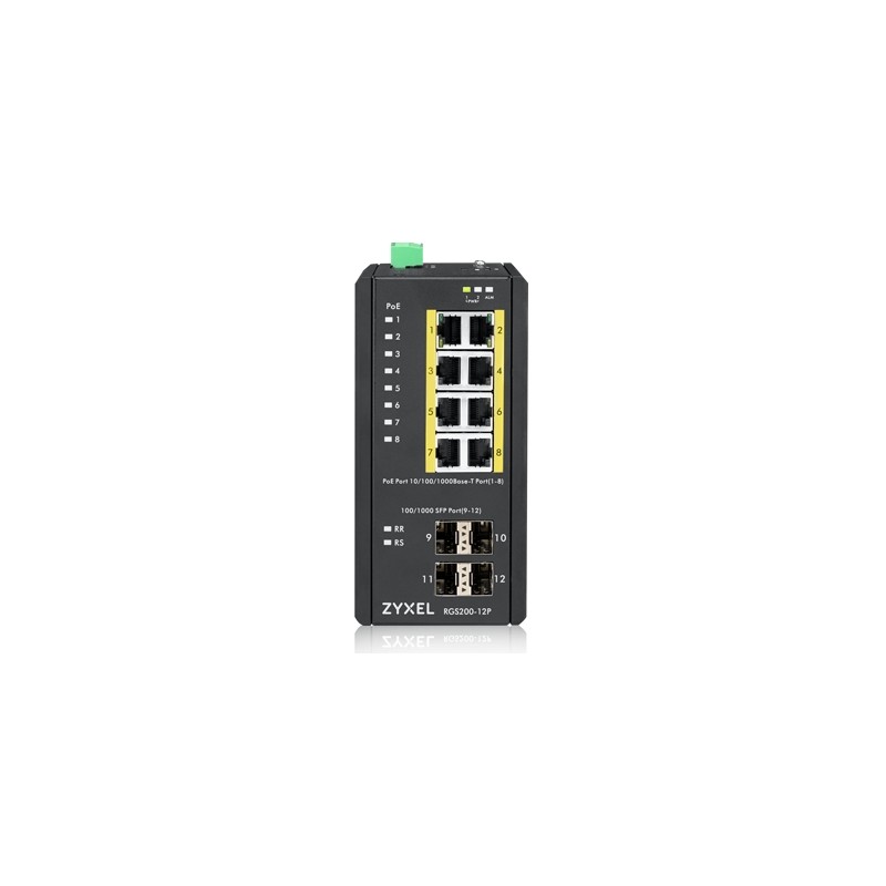 Zyxel Switch unmanaged Layer2 12 Port &bull 8x 1 GbE &bull PoE Budget 240 Watt &bull 8x PoE at &bull 4x SFP &bull Industrial &bu