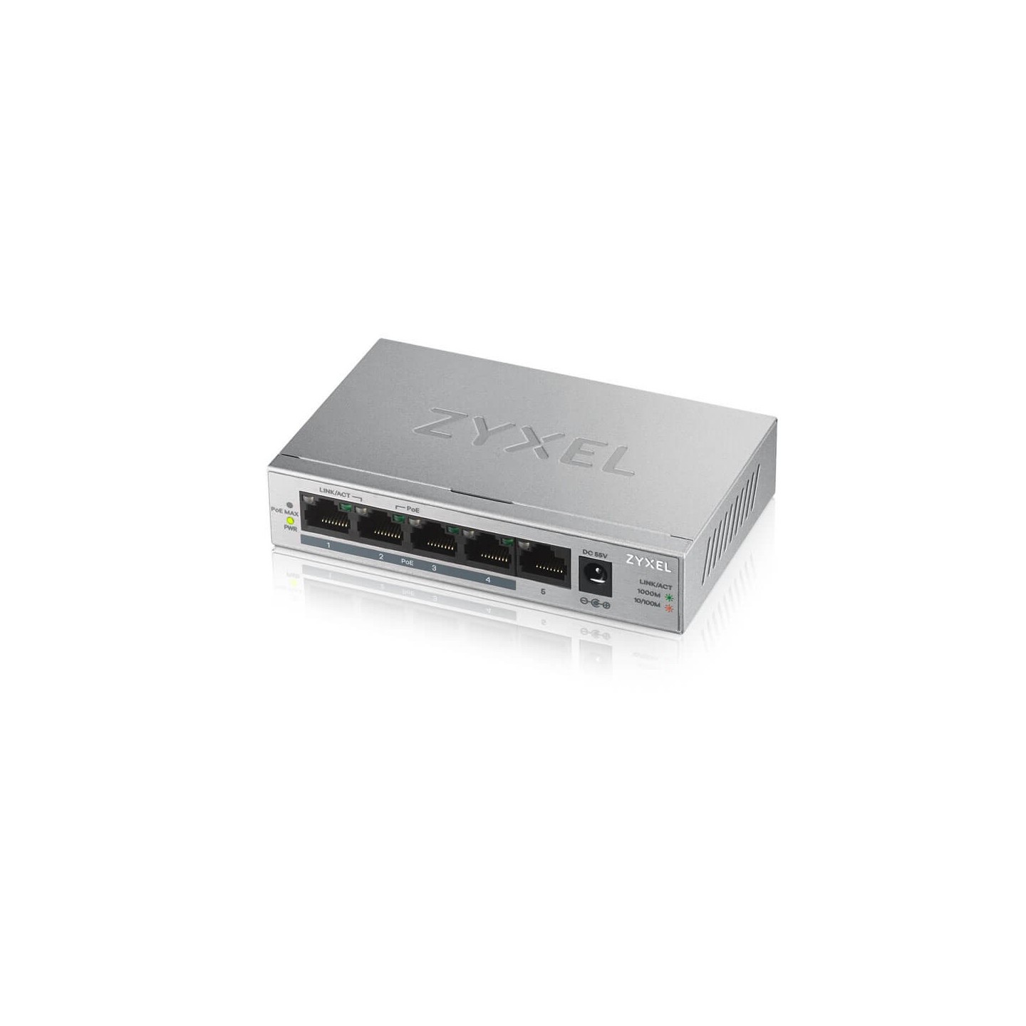 Zyxel Switch unmanaged Layer2 5 Port &bull 5x 1 GbE &bull PoE Budget 60 Watt &bull 4x PoE at &bull Desktop &bull Lüfterlos &bull