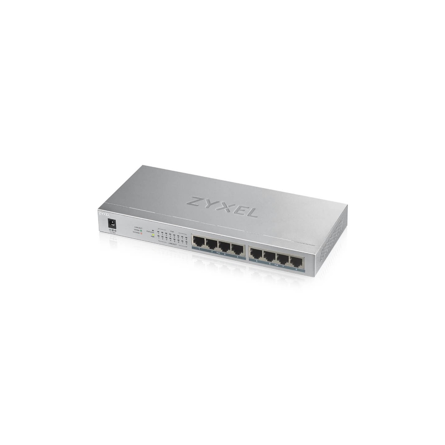 Zyxel Switch unmanaged Layer2 8 Port &bull 8x 1 GbE &bull PoE Budget 60 Watt &bull 8x PoE at &bull Desktop &bull Lüfterlos &bull