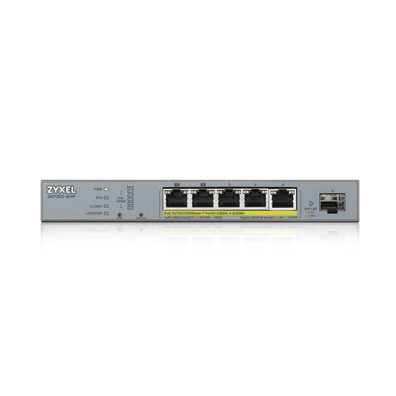 Zyxel Switch smart managed Layer2 6 Port &bull 5x 1 GbE &bull PoE Budget 60 Watt &bull 5x PoE at &bull 1x SFP &bull Desktop &bul