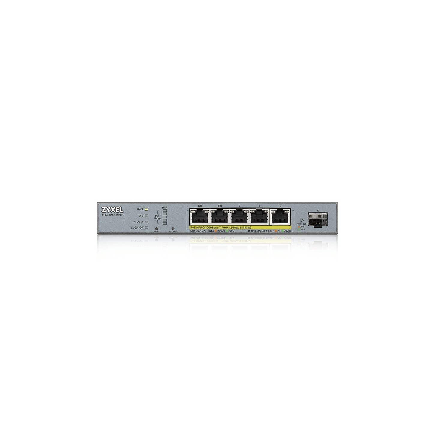 Zyxel Switch smart managed Layer2 6 Port &bull 5x 1 GbE &bull PoE Budget 60 Watt &bull 5x PoE at &bull 1x SFP &bull Desktop &bul