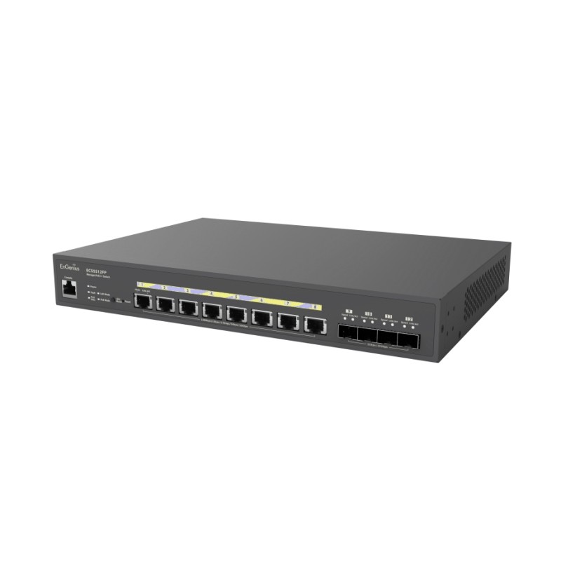 EnGenius Switch full managed Layer2+ 12 Port &bull 8x 10 GbE &bull PoE Budget 420W &bull 8x PoE bt &bull 4x SFP+ &bull 13" &bull