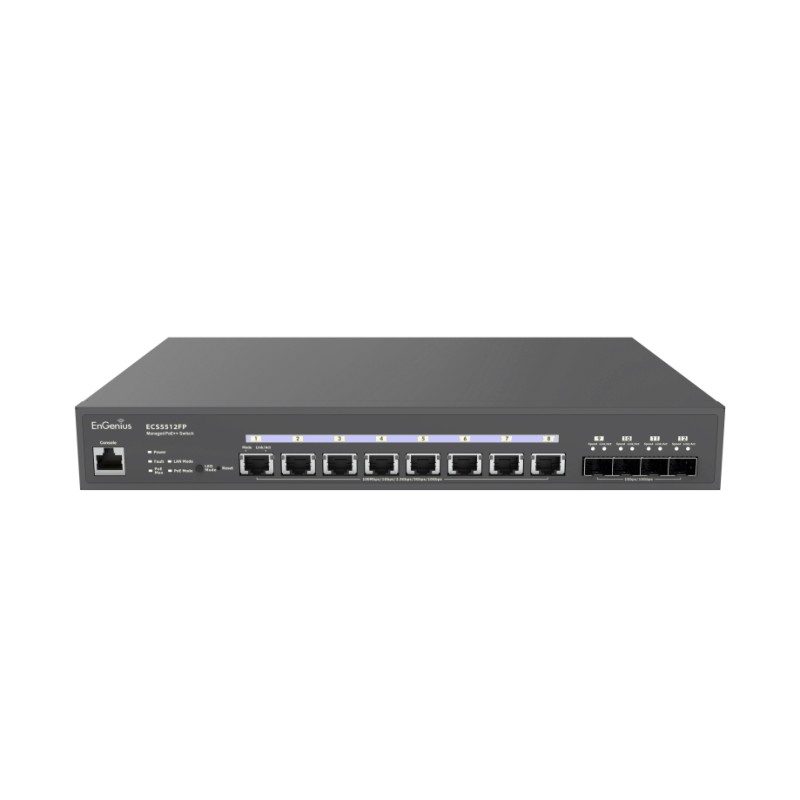 EnGenius Switch full managed Layer2+ 12 Port &bull 8x 10 GbE &bull PoE Budget 420W &bull 8x PoE bt &bull 4x SFP+ &bull 13" &bull