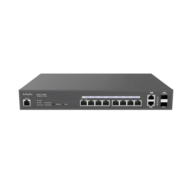 EnGenius Switch full managed Layer2+ 12 Port &bull 8x 1 GbE &bull PoE Budget 130W &bull 8x PoE at &bull 2x GbE, 2x SFP &bull 13"