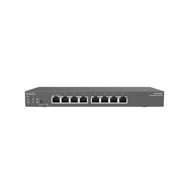 EnGenius Switch full managed Layer2+ 8 Port &bull 8x 1 GbE &bull PoE Budget 55W &bull 8x PoE af &bull Desktop Switch &bull Lüfte