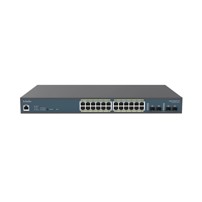 EnGenius Switch full managed Layer 2+ 28 Port &bull 24x 1 GbE &bull PoE Budget 410W &bull 24x PoE at &bull 4x SFP &bull 19" &bul