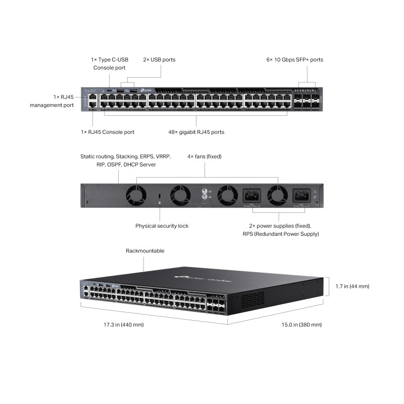 TP-Link Switch full managed Layer3 54 Port &bull 48x 1 GbE &bull 6x SFP+ &bull 19? &bull Omada &bull TL-SG6654X - 222606 - 5