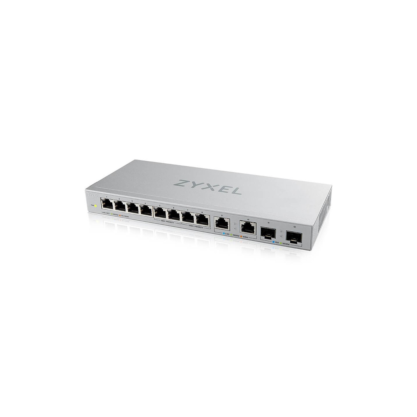 Zyxel Switch unmanaged Layer2 12 Port &bull 8x 1 GbE &bull 2x 2.5 GbE &bull 2x SFP+ &bull Desktop &bull Lüfterlos &bull XGS1010-