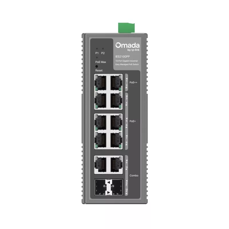 Omada Easy Managed Industrial Switch &bull 10 Port &bull 6x PoE++, 2x PoE++ (802.3bt), 2x GbE &bull Omada &bull IES210GPP - 2446