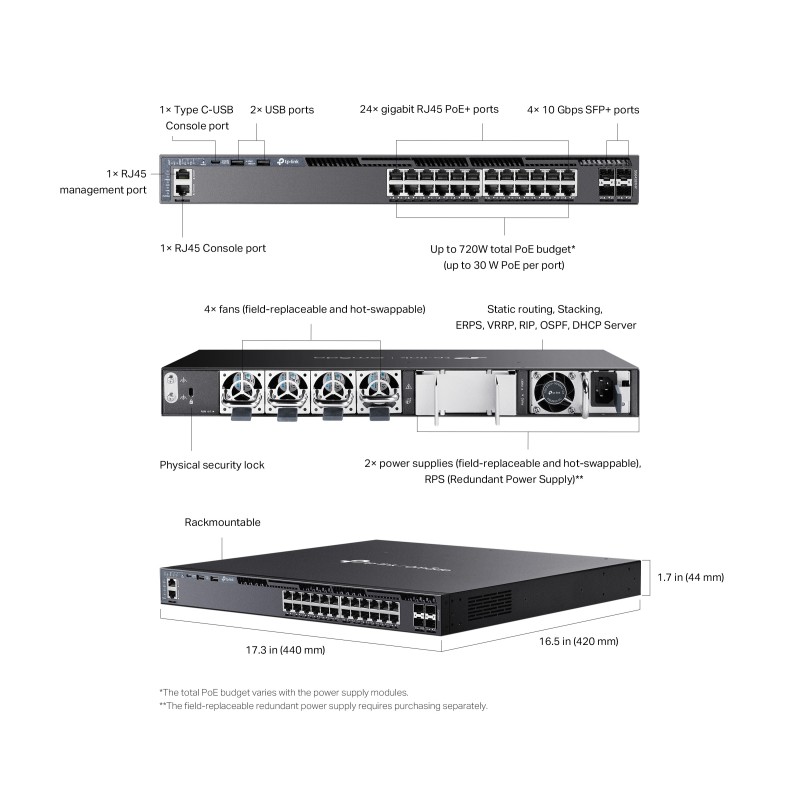 TP-Link Switch full managed Layer3 28 Port &bull 24x 1 GbE &bull 4x SFP+ &bull Omada &bull TL-SG6428XHP - 222608 - 6