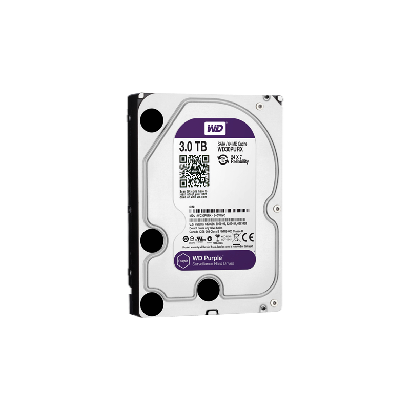 Hard drive - Capacity 3 TB - SATA interface 6 GB/s - Model WD30PURX - Special for video recorders - Loose or in DVR instal
