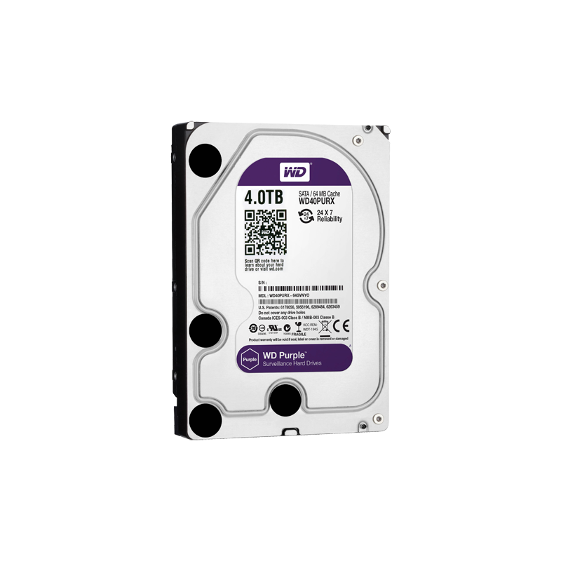 Hard drive - Capacity 4 TB - SATA interface 6 GB/s - Model WD40PURX - Special for video recorders - Loose or in DVR instal