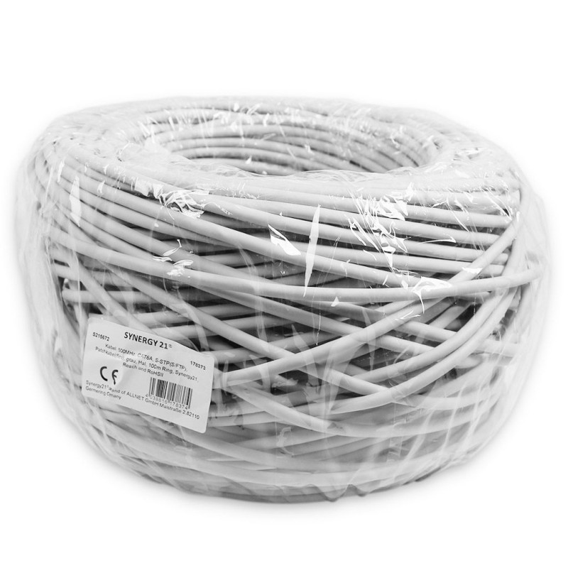 Kabel 500MHz, CAT6A, S-STP(S/FTP), Patchkabel(flex), grau, Hal, 100m Ring, Synergy21, - 178373 - 2