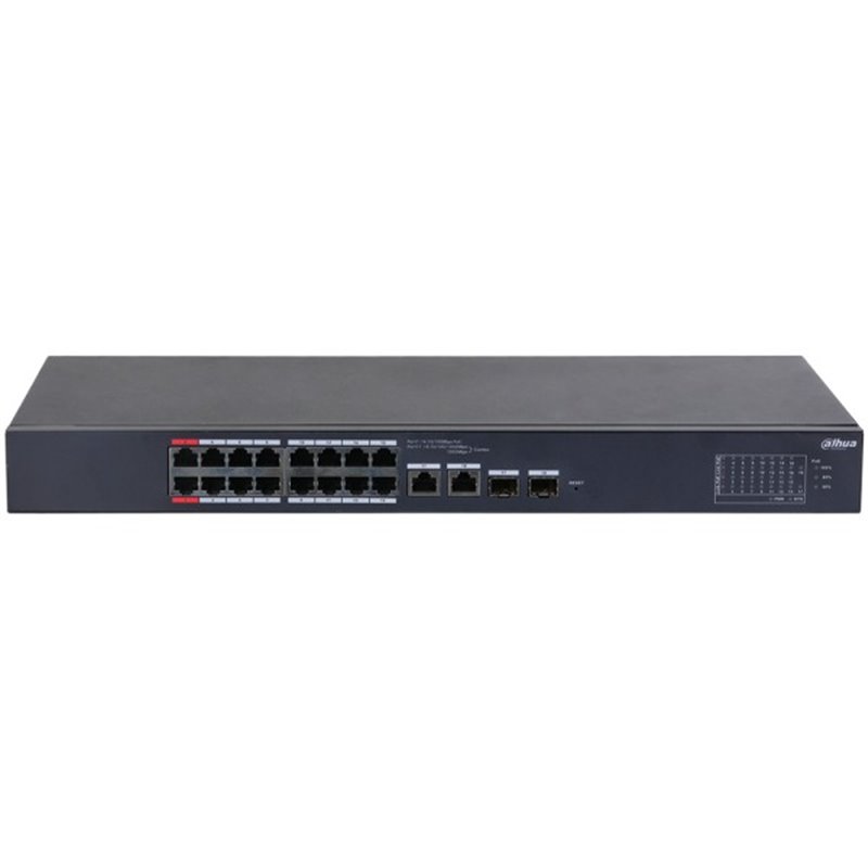 Dahua PoE-Switch, 18 Ports, 16 Ports PoE, 2 Ports SFP, 250 m, cloud managed, Desktop, Rack 