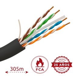Cable UTP rígido de exterior - Categoría 6 - Cumple con 90m Fluke test - Conductor OFC, pureza 99.9% cobre - Rollo de 305 metros