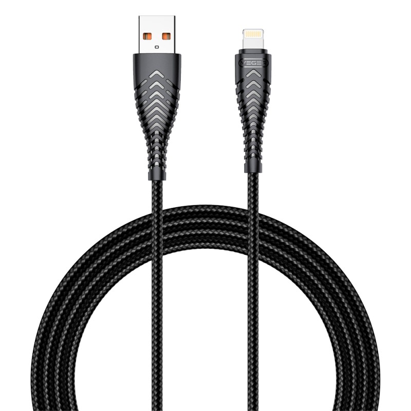 Veger - Kabel USB2.0 - USB-A zu Lightning - Kunststoffhülle, Nylongeflecht - Länge 1.2m - Farbe schwarz - VG-V105 - 1