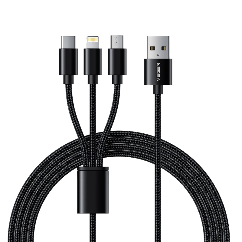 Veger - USB-Kabel 3 in 1 - USB-A auf USB-C, Lightning und Micro-USB - Metallmantel, geflochtenes Nylon - Länge 1.5m - Farbe schw