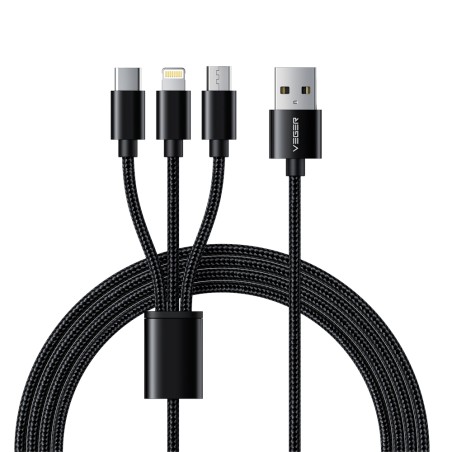 Veger - USB-Kabel 3 in 1 - USB-A auf USB-C, Lightning und Micro-USB - Metallmantel, geflochtenes Nylon - Länge 1.5m - Farbe schw