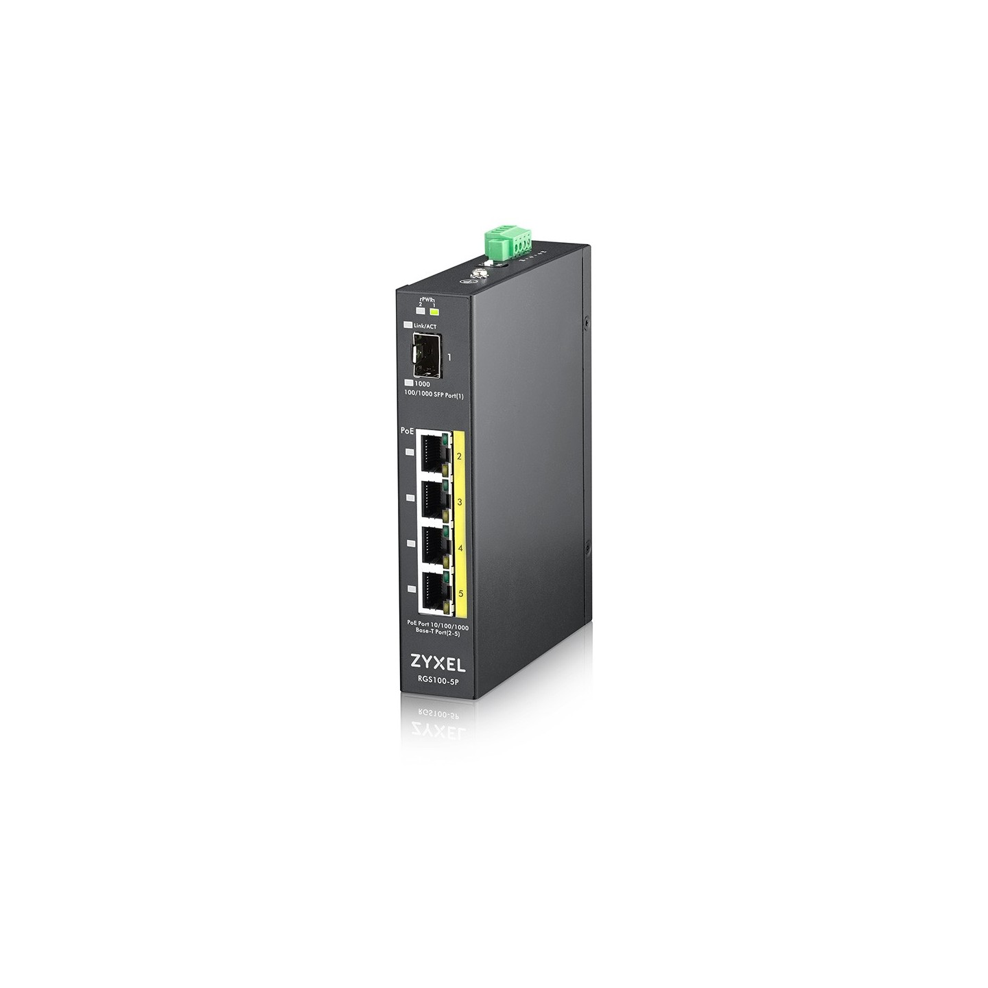 Zyxel Switch unmanaged Layer2 5 Port &bull 4x 1 GbE &bull PoE Budget 120 Watt &bull 4x PoE at &bull 1x SFP &bull Industrial &bul