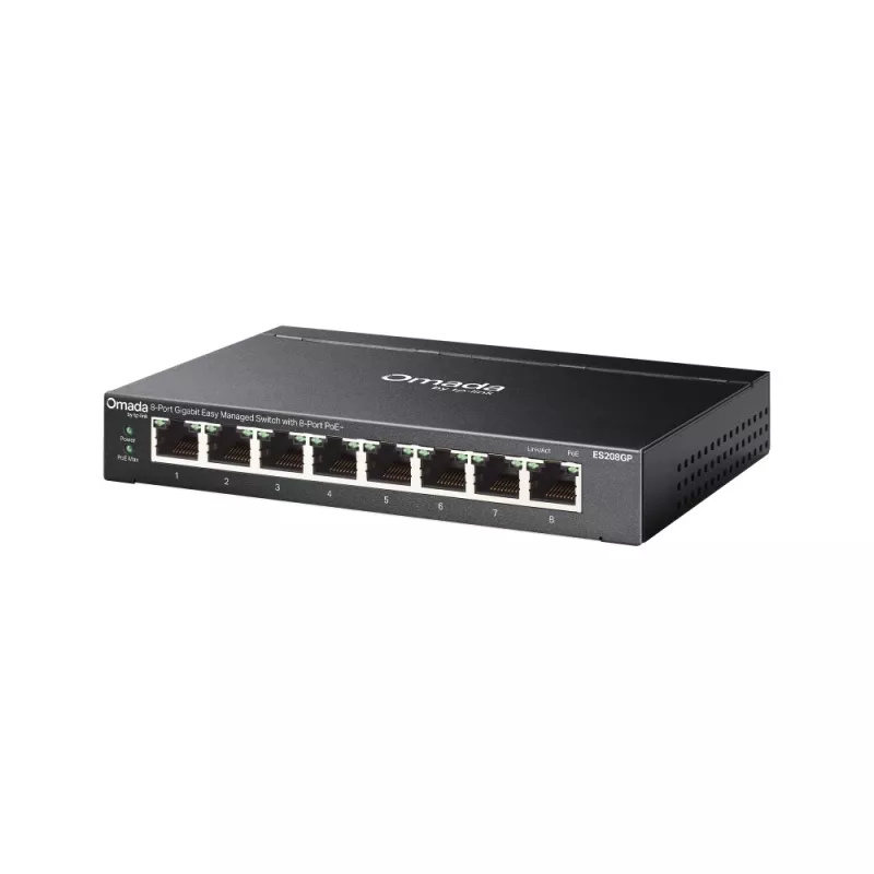 TP-Link Switch easy managed 8 Port &bull 8x 1 GbE &bull PoE Budget 64 Watt &bull 8x PoE at &bull Lüfterlos, Omada &bull ES208GP 