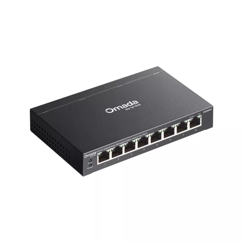 TP-Link Switch easy managed 8 Port &bull 8x 1 GbE &bull PoE Budget 64 Watt &bull 8x PoE at &bull Lüfterlos, Omada &bull ES208GP 